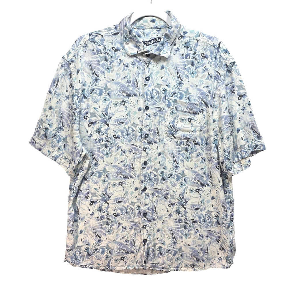 johnnieO Tristen Linen Blend Shirt Mens L Floral Tropical Blue Coastal Preppy